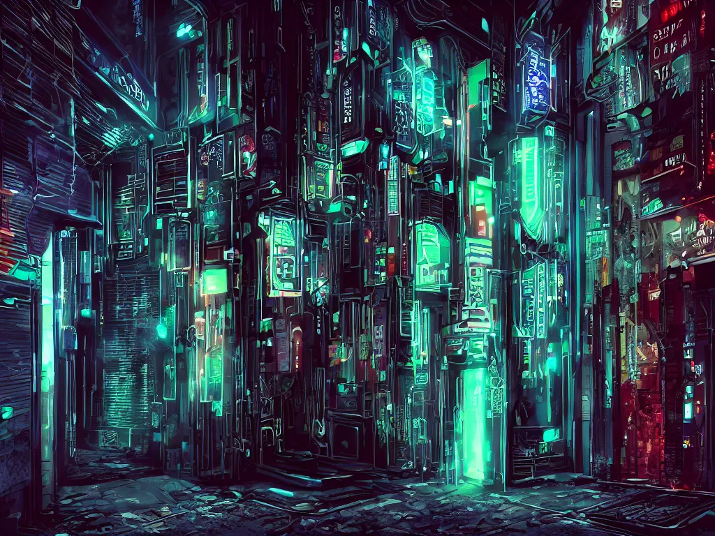 Prompt: a door at the end of a long dark corridor, cyberpunk city, futuristic, neon, intricate details