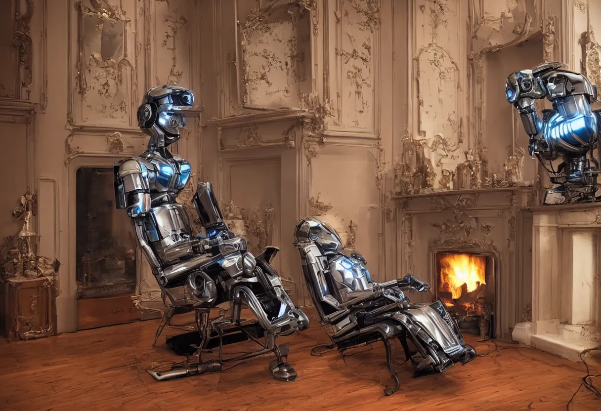 Image similar to Extreme close up photograph of a futuristic robot reclining on a aged recliner in front of a single beautiful fireplace in a traditional Victorian home, by Simon Stalenhag