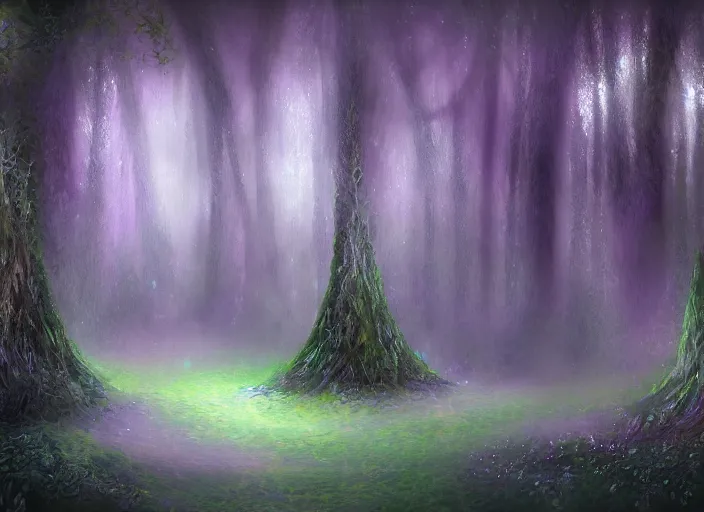 Image similar to ethereal crystals in a fantasy forest, digital painting