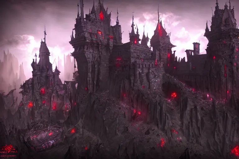 Prompt: big evil castle - city rock dark shadow elves, might and magic heroes vii, dark fantasy, shadows, artstation trending, unreal engine 5, red