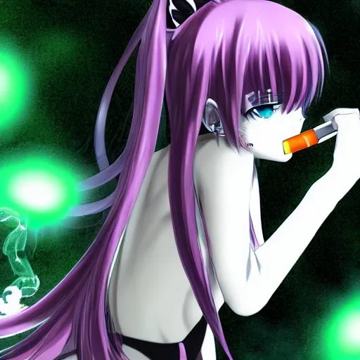 Prompt: green-eyed cat-eared goth anime girl smoking a cigarette deviantart 8k aramaki shinji hd hyperreality