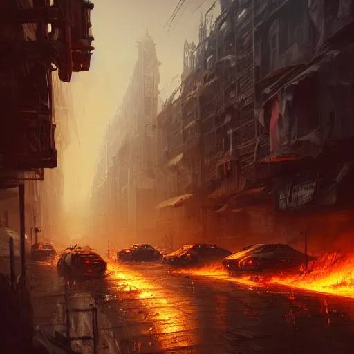Image similar to apocalyptic city street, cars on fire highly detailed, illustration, fantasy art, in the style of greg rutkowski, epic, fantasy, intricate, hyper detailed, artstation, concept art, smooth, sharp focus, ray tracing