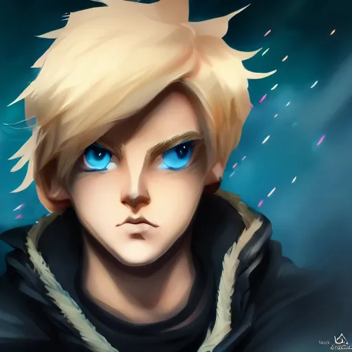 Image similar to league of legends character style of teenager boy, blonde hair, blue eyes, close up, cinematic light, dark room, detailed, photo, 8K