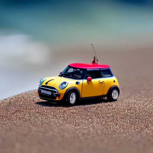 Prompt: a 4 k photorealistic photo of a miniature mini cooper car on a sandy beach, natural lighting, outdoors, highly detailed macro photography, shallow depth of field, full shot