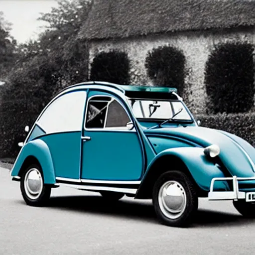 Prompt: A Citroën 2CV produced by Volkswagen in the production year of 1949, promotional photo