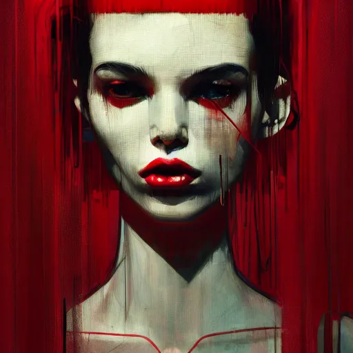 Prompt: pelham puppet surrounded by red curtains by Conrad Roset and Nicola Samuri, medium shot, rule of thirds, seductive look, beautiful, intricate, dystopian, sci-fi, extremely detailed, digital painting, artstation, concept art, smooth, sharp focus, intimidating lighting, incredible art, details visible, very dark ambiance