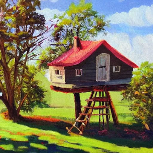 Image similar to treehouse in the countryside on a sunny day, peaceful, dreamy, brush strokes, oil painting