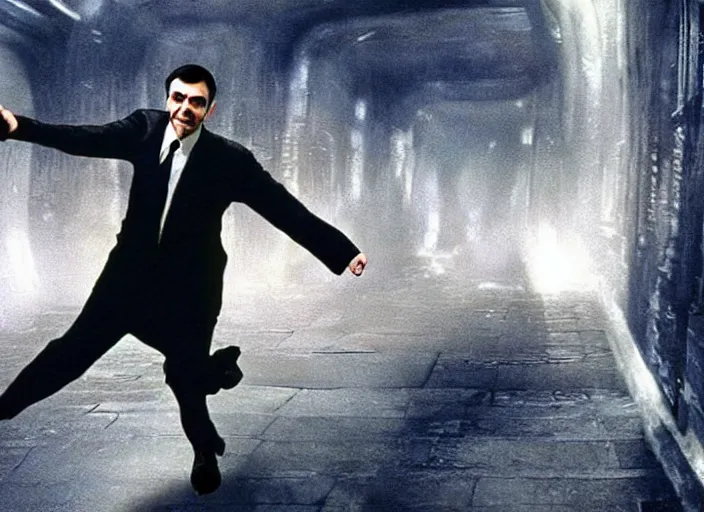 Image similar to hyper realistic, production still of mr. bean playing neo in matrix ( 1 9 9 9 ), 4 k, highly detailed, anamorphic