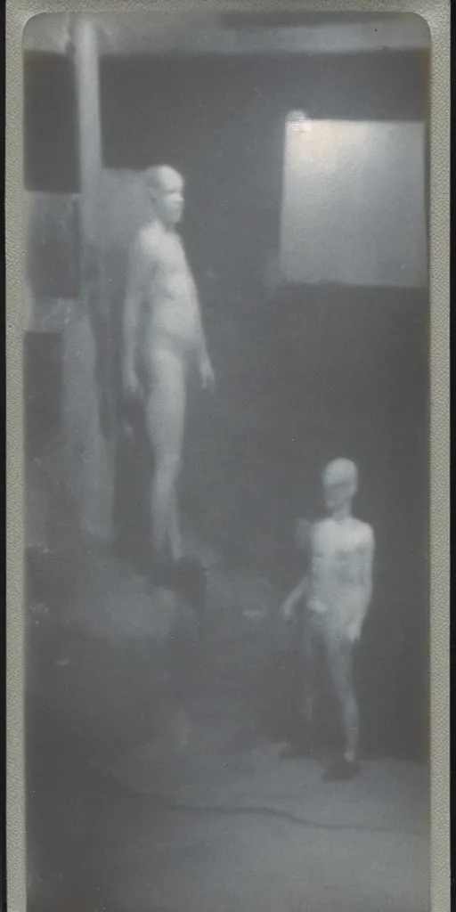 Prompt: found polaroid photo of a pale cryptid in a musty basement