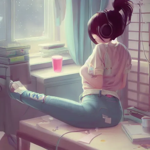 Image similar to lofi hiphop girl sitting in her room with headphones on by Wenqing Yan, WLOP, Zumidraws, OlchaS Logan cure liang Xing