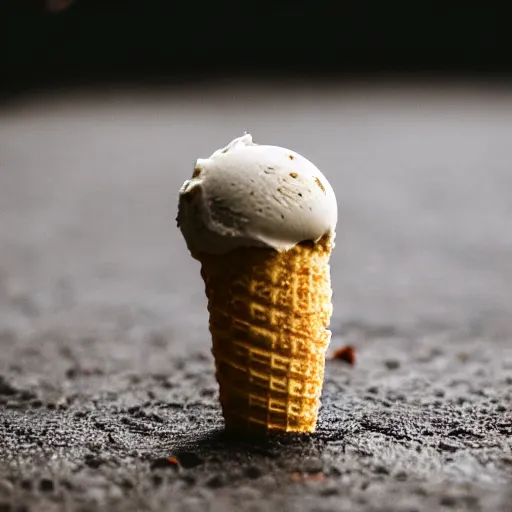 Image similar to detailed photograph of a levitating ice cream cone with hairy, wriggling spider legs protruding below. shallow depth - of - field. moody light.