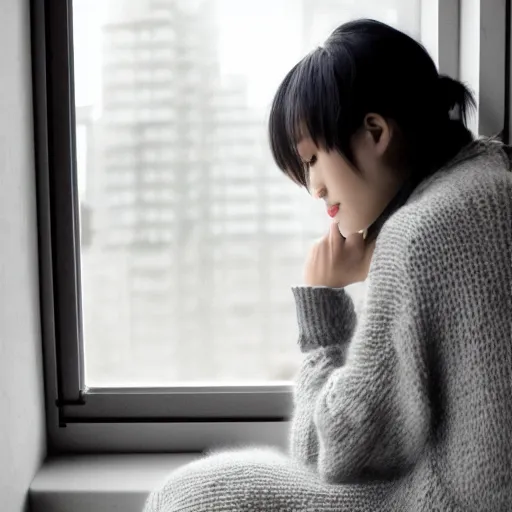 Prompt: a woman sitting on a window sill looking forward out the window, grey sweater, a stock photo by chen jiru, tumblr, aestheticism, movie still, pretty, pixiv