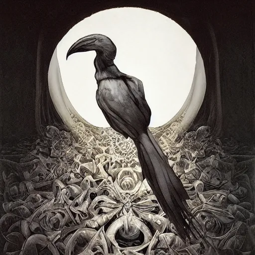 Image similar to artemixel, white crow bringing rabbit leg to a occult witch by android jones and m. c. escher collaboration, futurist, digital art, dramatic lighting by nicola samori and jeffrey smith, oil on canvas