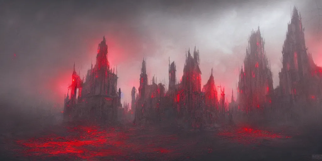 Image similar to grimdark chaos fortress, ruined, terrifying architecture, looming, dark, fog, atmospheric red lighting, flying chaos creatures, dark souls, hyperrealistic, artstation