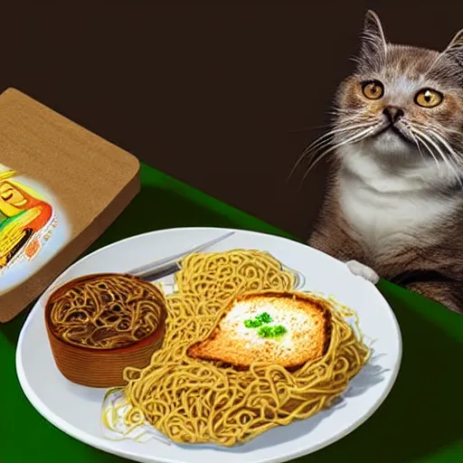 Prompt: cute fat cat sitting in behind a plate of indomie mi goreng noodles on toast, photo realistic
