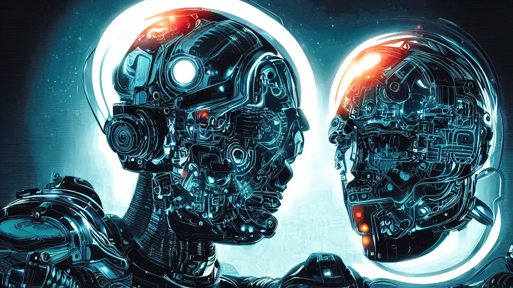 Prompt: Cyborg head with neural implants by Dan Mumford, realistic cinematic lighting, ultra detailed, hyper realism