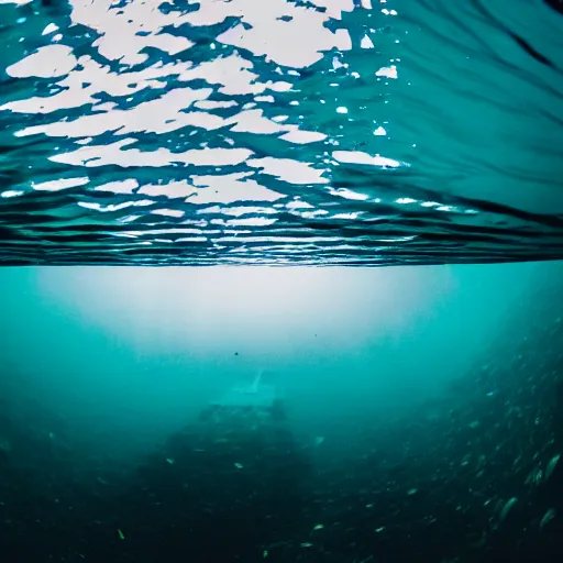 Prompt: underwater photo of a boat from below, passing overhead, view from diver