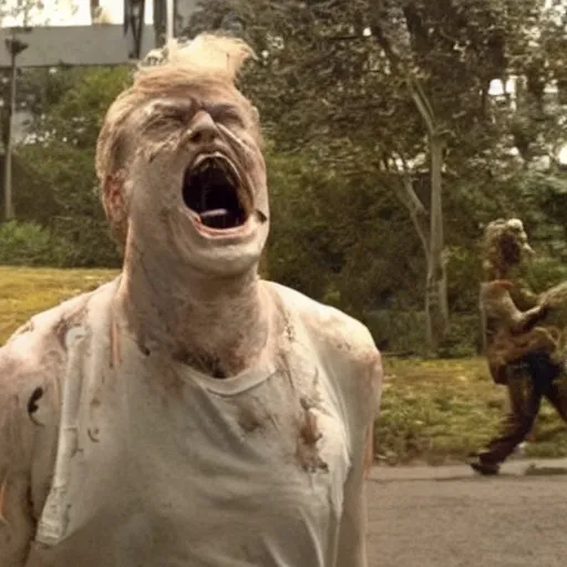 Image similar to donald trump as zombie in the walking dead. movie still. cinematic lighting