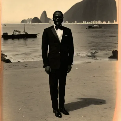 Image similar to vintage photo of a black man wearing a black suit in front of rio de janeiro