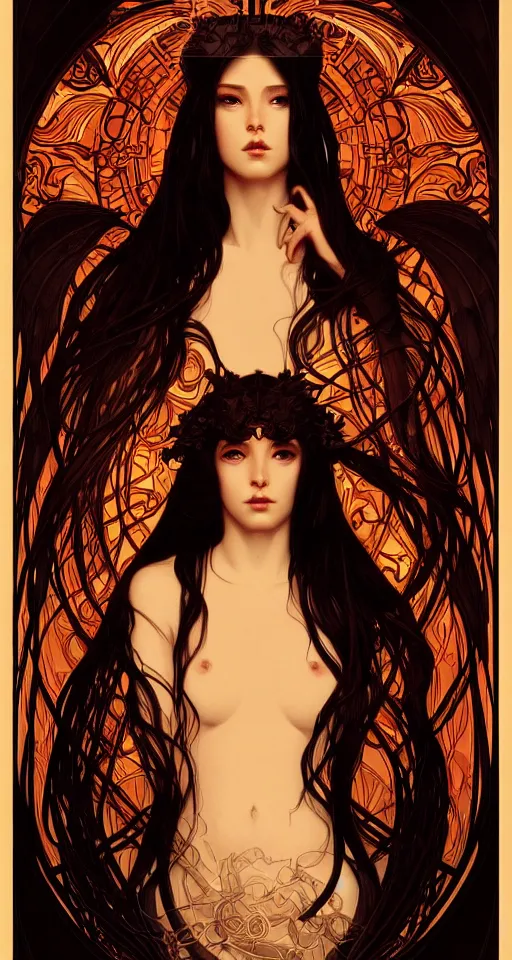 Image similar to A portrait of A beautiful! angel in black flames!! by Ross Tran!!! and alphonse mucha and greg rutkowski! and gustav doré!,In style of digital art illustration.Symmetry.Highly detailed face.Fantasy,smooth,hyper detailed,sharp focus,Soft light.trending on artstation.4k