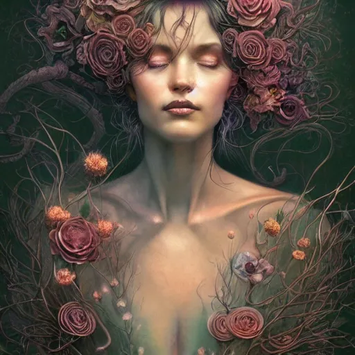 Image similar to a beautiful detailed front view portrait of a woman with ornate growing around, ornamentation, flowers, elegant, beautifully soft lit, by wayne barlowe, peter mohrbacher, kelly mckernan,
