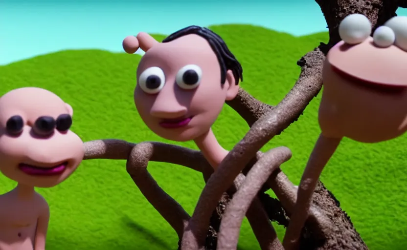 Prompt: Adam and Eve a still from a stop motion film, Aardman Animations, claymation, 4k, high quality