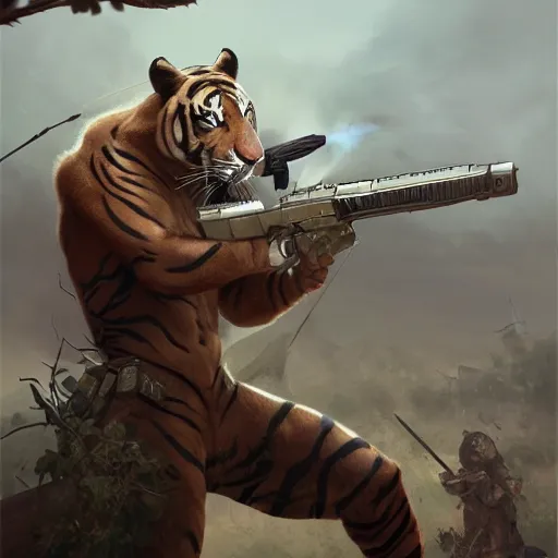 Image similar to a award winning commission of a fit anthro albino soldier tiger shooting,digitalt art,hyperdetailed,photorealistic,art by greg rutkowski,character design by charles bowater,ross tran,deviantart,artstation,high detailed,cinematic,movie scene,detailed face