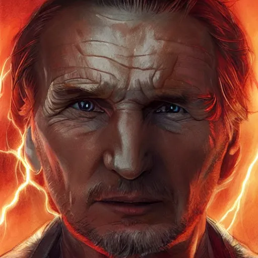 Image similar to Liam Neeson as a vengeful prophet calling down lightning, symmetrical, smooth, sharp focus, art by magali villeneuve and art germ, concept art, very high quality