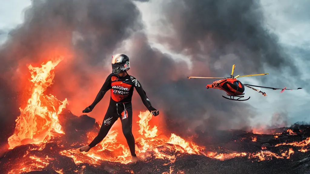 Image similar to person wearing a sponsored team jersey with logos jumping out of a helicopter with a surfboard into a volcano, action shot, dystopian, thick black smoke and fire, sharp focus