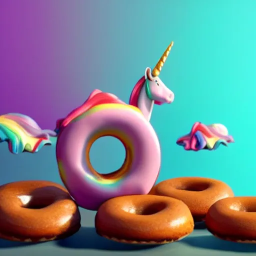 Image similar to a unicorn with flammingo neck is pooping rainbow colored donuts, unreal engine, octane render