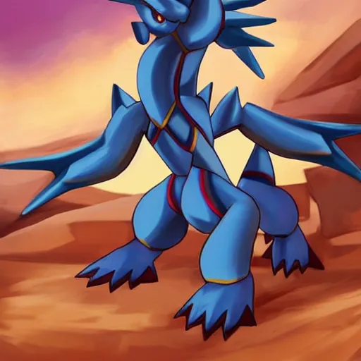 Image similar to a mixture of dialga and ponyta, Pokemon