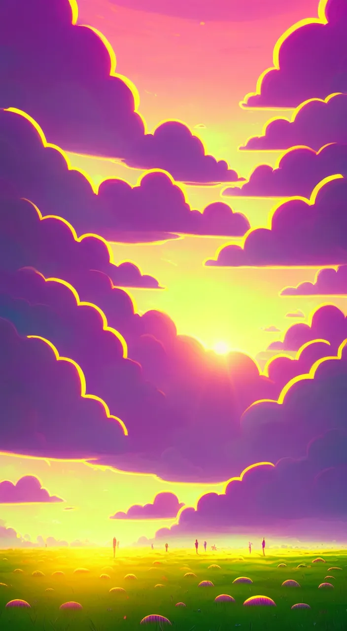 Image similar to green lush field, aesthetic, calming, pink and yellow clouds in the sky, brightly illuminated by rays of sun, clouds backlit by the sun, sunset, artstation, colorful sylvain sarrailh illustration, peter chan, day of the tentacle style
