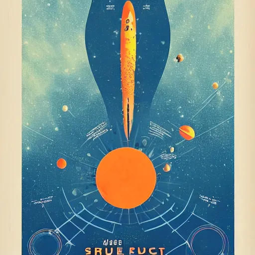 Image similar to blue rocket in space, orange fruit as a planet, intricate sci-fi poster by Denis Villeneuve