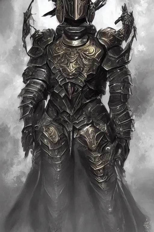 Image similar to Full-length portrait of a paladin in iridescent heavy armor, dark fantasy, digital art.