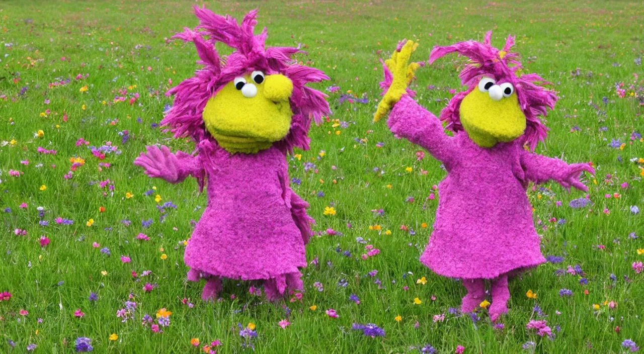 Prompt: wembley fraggle dancing on a flowery meadow