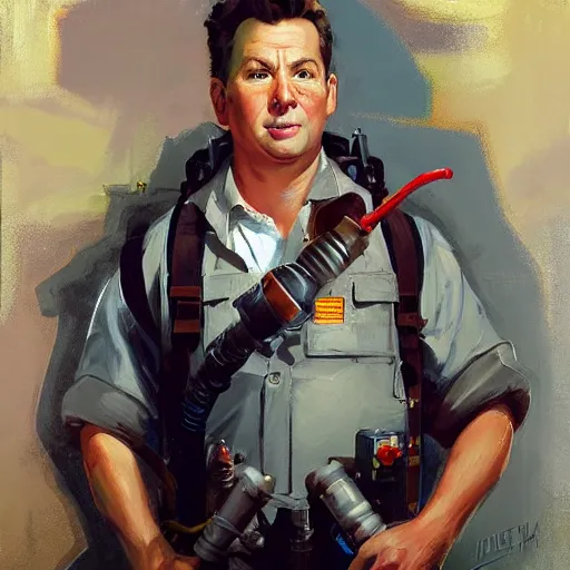 Prompt: greg manchess portrait painting of partially armored ghostbuster peter venkman overwatch character, medium shot, asymmetrical, profile picture, organic painting, sunny day, matte painting, bold shapes, hard edges, street art, trending on artstation, by huang guangjian and gil elvgren and sachin teng