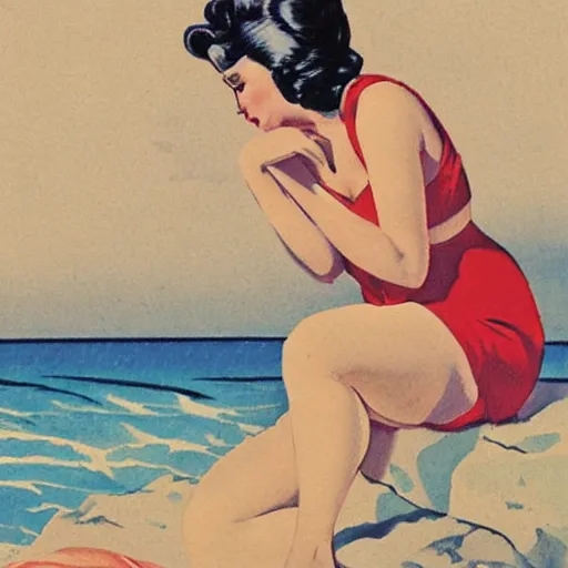 Image similar to Hilda at the beach, pin up illustration by Duane Bryers,