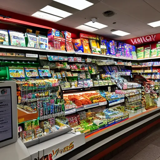 Prompt: Vision working as a 7/11 cashier, wide wide shot, very detailed, hdr photograph, beautiful lighting