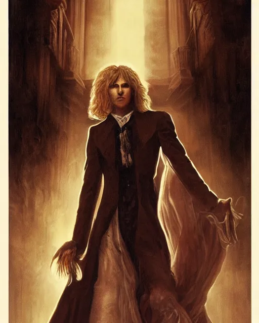 Image similar to alternate cover art for the movie interview with a vampire starring a long haired blonde tom cruise as lestat de lioncourt portrait, face centered, schmuck, regal, confident, unused design, night time, fog, colonial era street, volumetric lighting, realistic illustration, perfectly shaded, soft painting, art by krenz cushart and wenjun lin