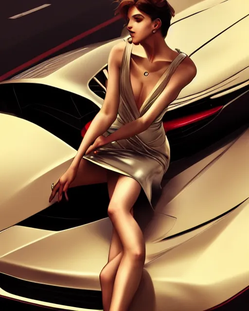 Prompt: car show girl with low cut shiny dress sit on sports car. symmetry face, fine details, intricate, elegant, sharp focus, illustration, matte, art by wlop and artgerm and greg rutkowski and alphonse mucha, raytracing, octane, trending on artstation