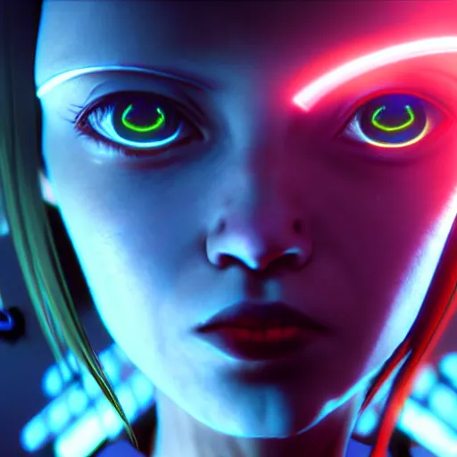 Image similar to cyberpunk movie still from the animatrix in the style of arcane : : small female android cyborg - angel, glowing red left eye and glowing blue right eye : : cinematic lighting, advanced digital cyberpunk art : : wlop, rossdraws sakimimichan, ilya kuvshinov, krenz cushart, greg rutkowski