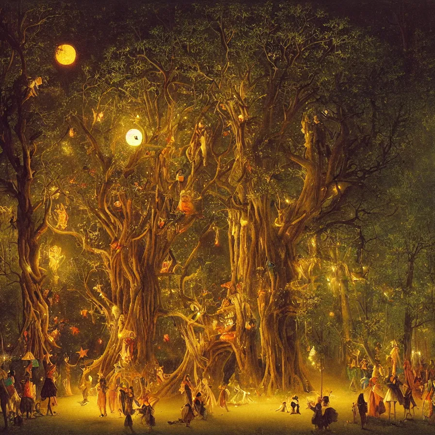 Image similar to a night carnival around a magical tree cavity, with a surreal orange moonlight and fireworks in the background, next to a lake with iridiscent water, christmas lights, folklore animals and people disguised as fantastic creatures in a magical forest by summer night, masterpiece painted by carl spitzweg, dark night environment