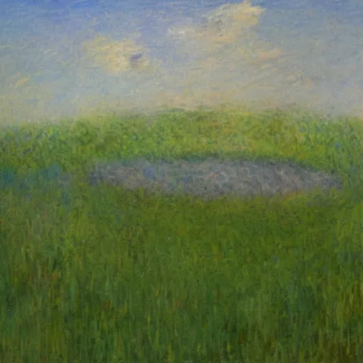 Prompt: a large gelatinous blob monster roaming threw a field, landscape, in the style of monet