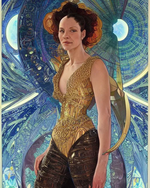 Image similar to portrait of actress Krys Marshall wearing a space suit, intricate, elegant, highly detailed, centered, digital painting, artstation, concept art, smooth, sharp focus, illustration, art by android jones and donato giancola and alphonse mucha