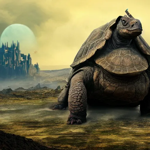 Giant Tortoise With A Large Fantasy Castle Rising From 