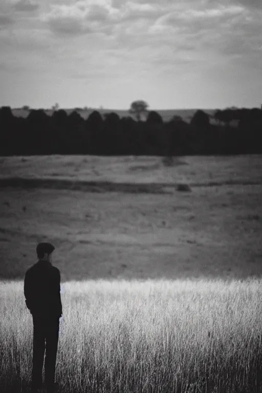 Prompt: kodak ultramax 4 0 0 photograph of a guy standing in a field, big fire in distance, back view, grain, faded effect, vintage aesthetic,