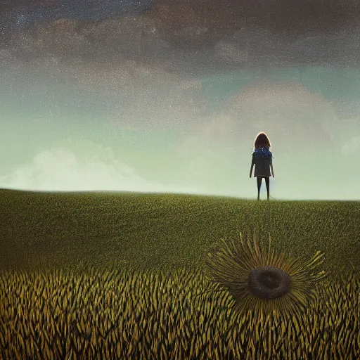 Image similar to giant black daisy flower head, girl walking in wheat field, hills, surreal photography, dark night, star trails, dramatic light, impressionist painting, clouds, digital painting, artstation, simon stalenhag