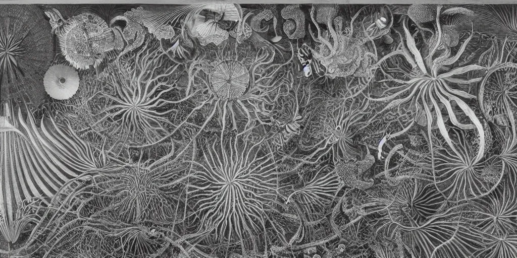 Image similar to Artwork by Ernst Haeckel of the cinematic view of a giant diatom forest.