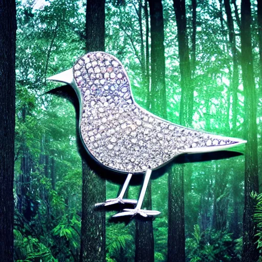 Image similar to a real life bird made out of crystal andextremely reflective metal, background is a green forest, studio lighting, award winning photo