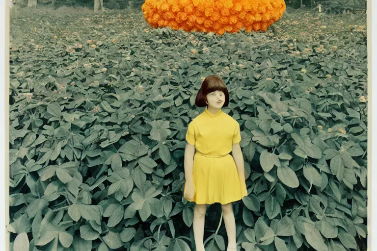 Image similar to giant flower head, girl standing, 1 9 6 0 s architecture, surreal photography, symmetry, mid century, liminal space, bright colours, wes anderson